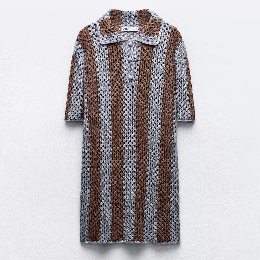 💙 ZARA Striped Crochet Knit Polo Dress NWOT